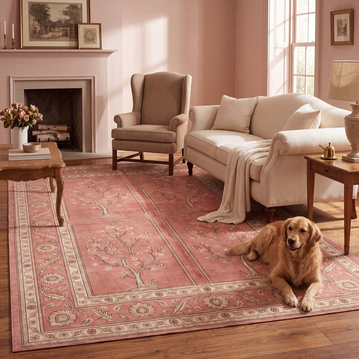 A dog resting on the rug in a living room.