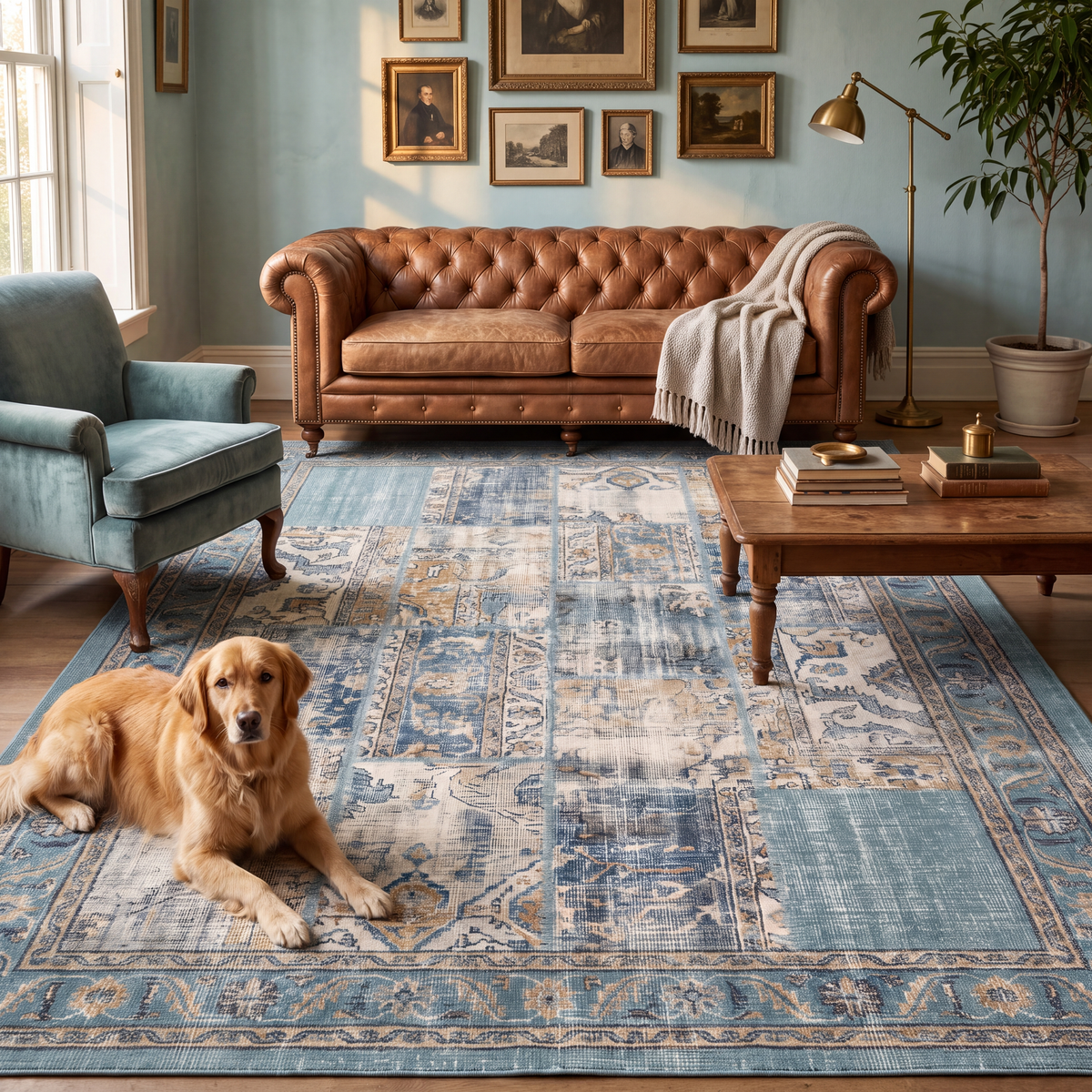 A dog resting on the rug in a living room.