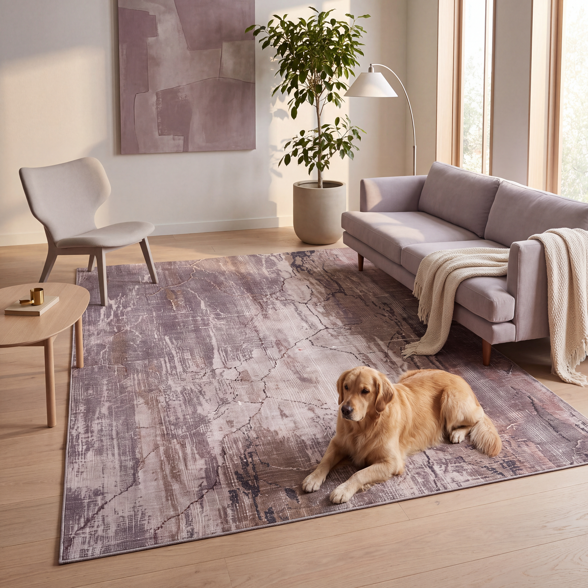 A dog resting on the rug in a living room.
