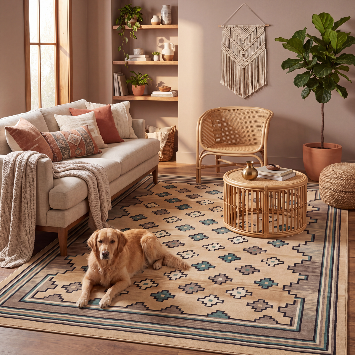 A dog resting on the rug in a living room.