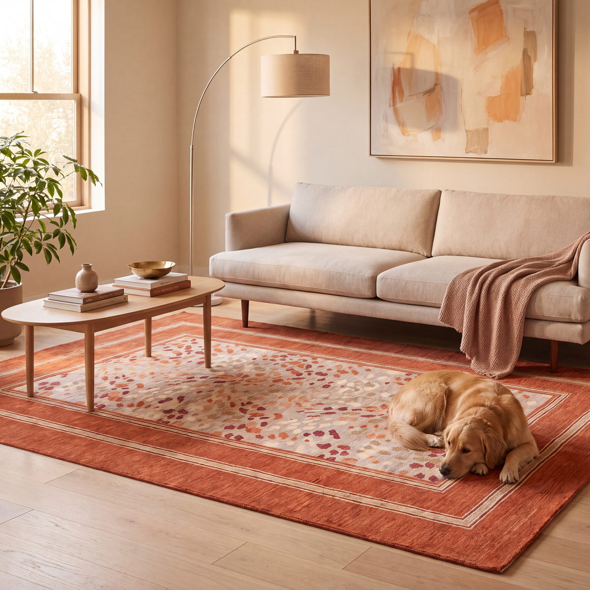 A dog resting on the rug in a living room.
