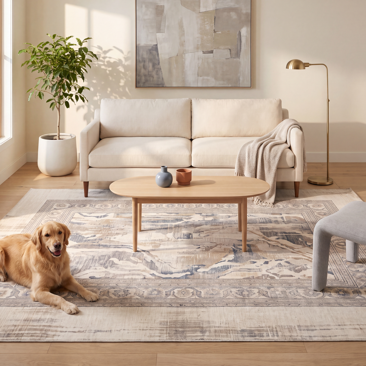 A dog resting on the rug in a living room.