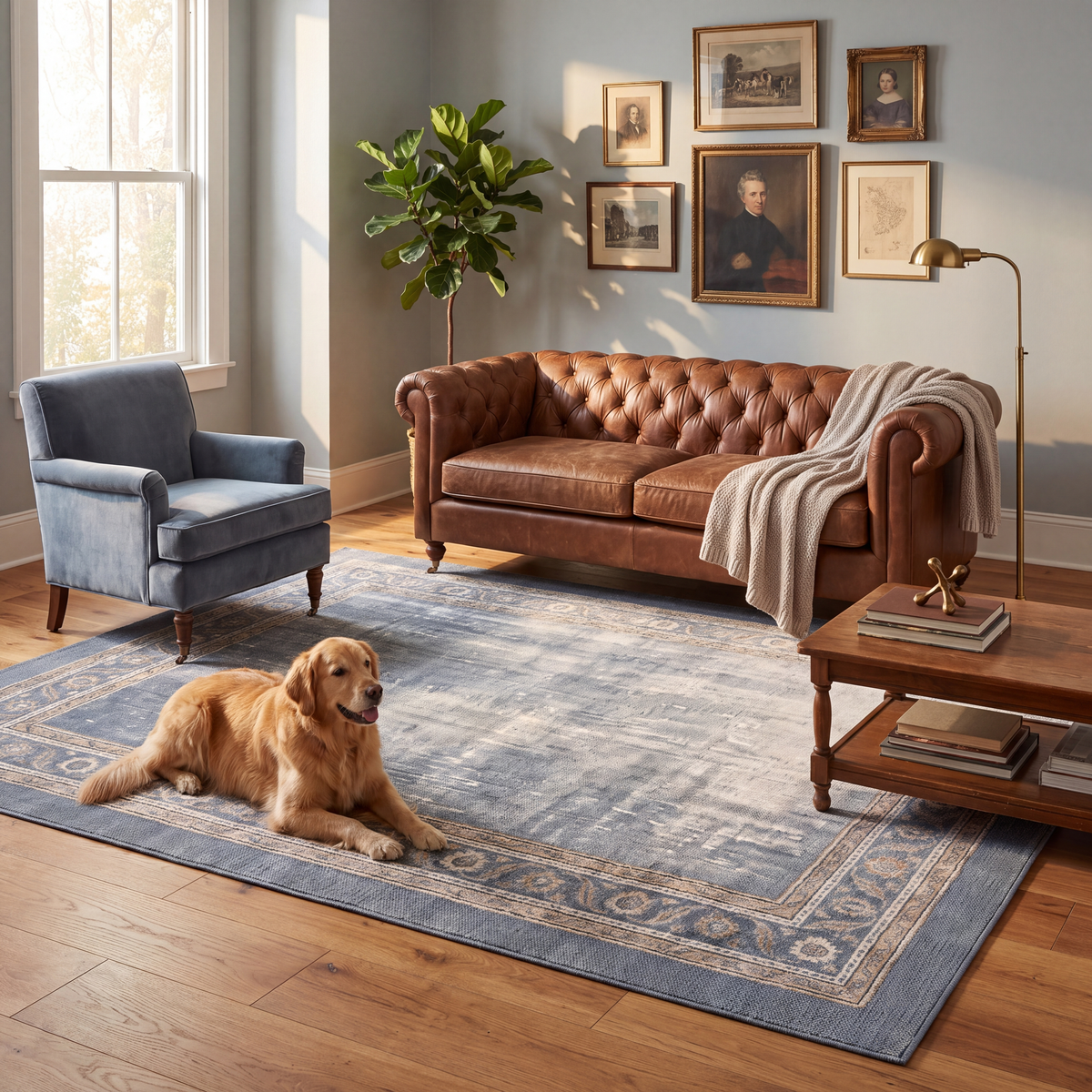 A dog resting on the rug in a living room.