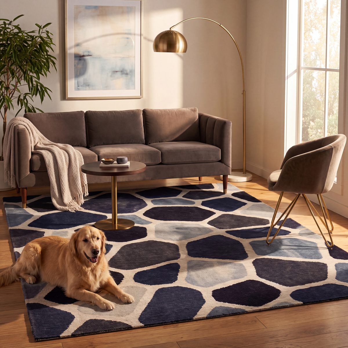 A dog resting on the rug in a living room.