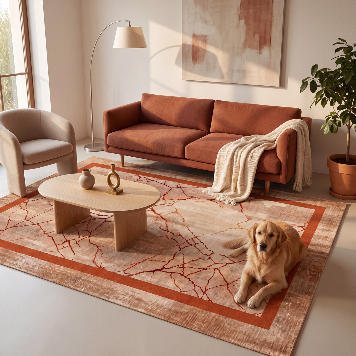 A dog resting on the rug in a living room.