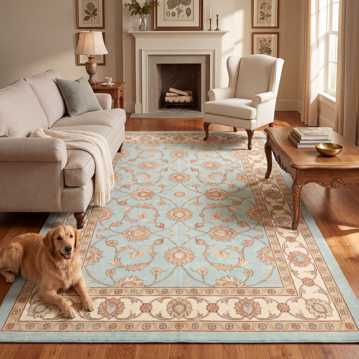 A dog resting on the rug in a living room.