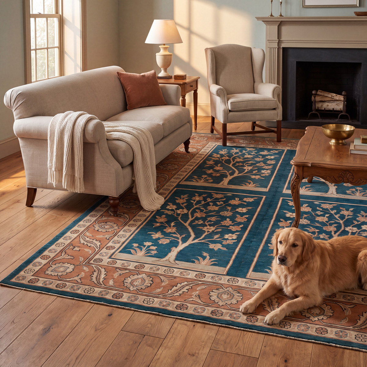 A dog resting on the rug in a living room.