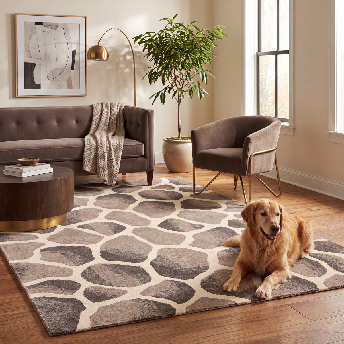 A dog resting on the rug in a living room.