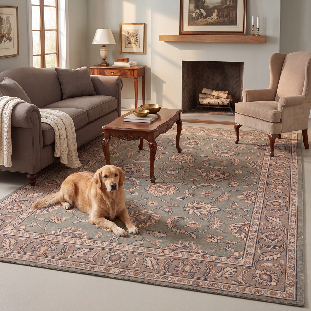 A dog resting on the rug in a living room.