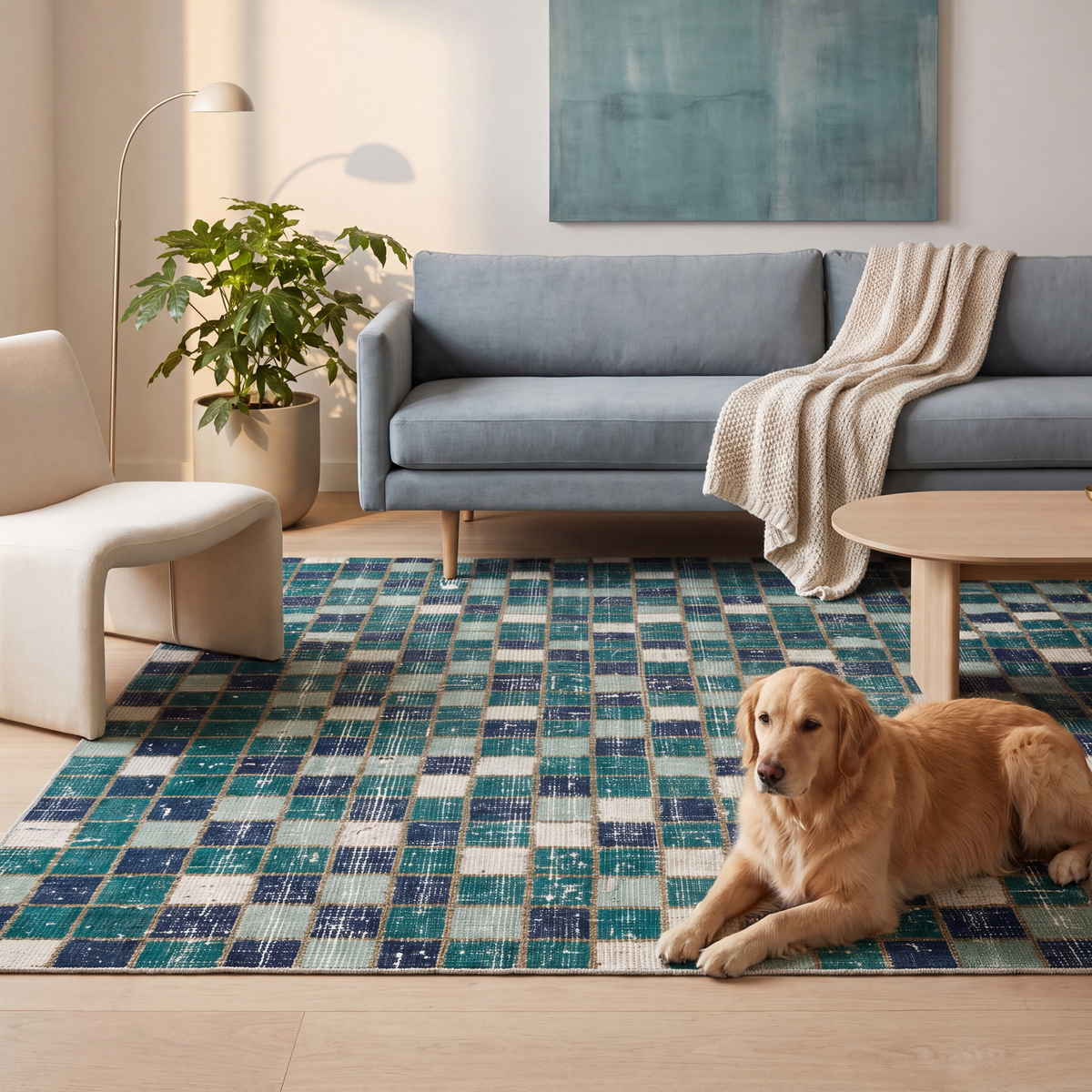 A dog resting on the rug in a living room.