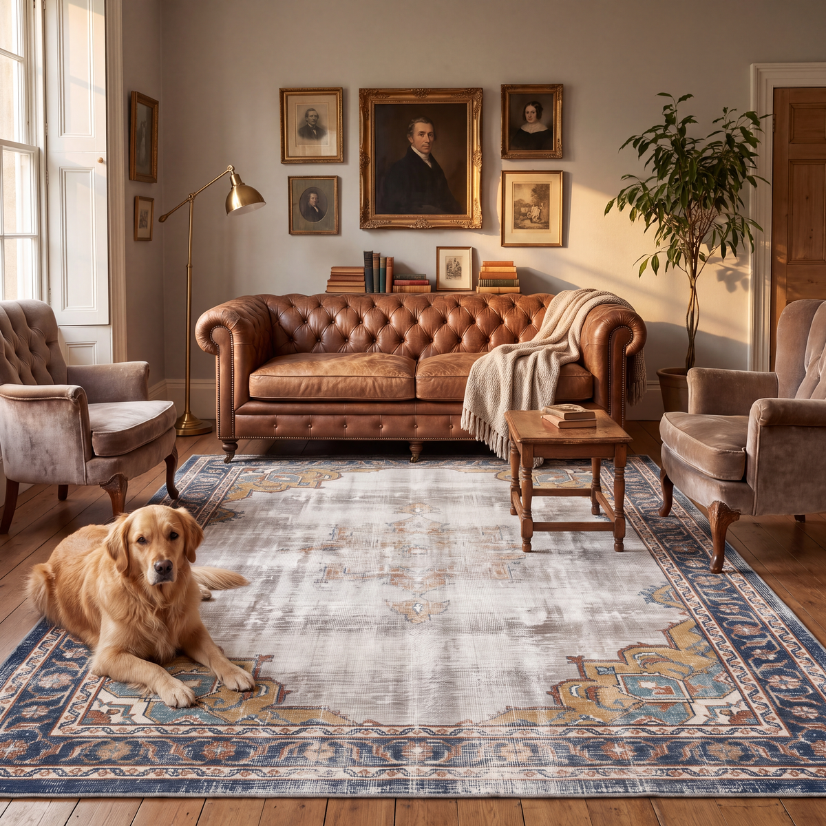 A dog resting on the rug in a living room.