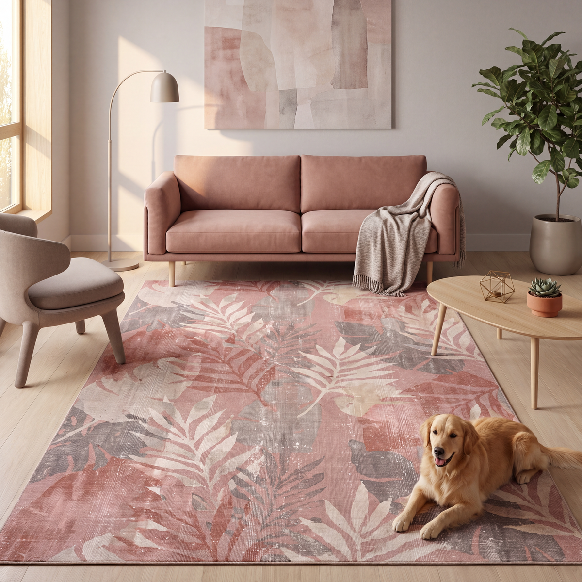 A dog resting on the rug in a living room.