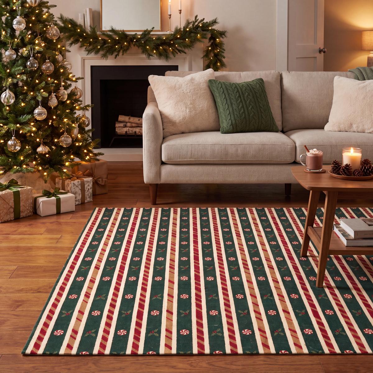 A dog resting on the rug in a living room.