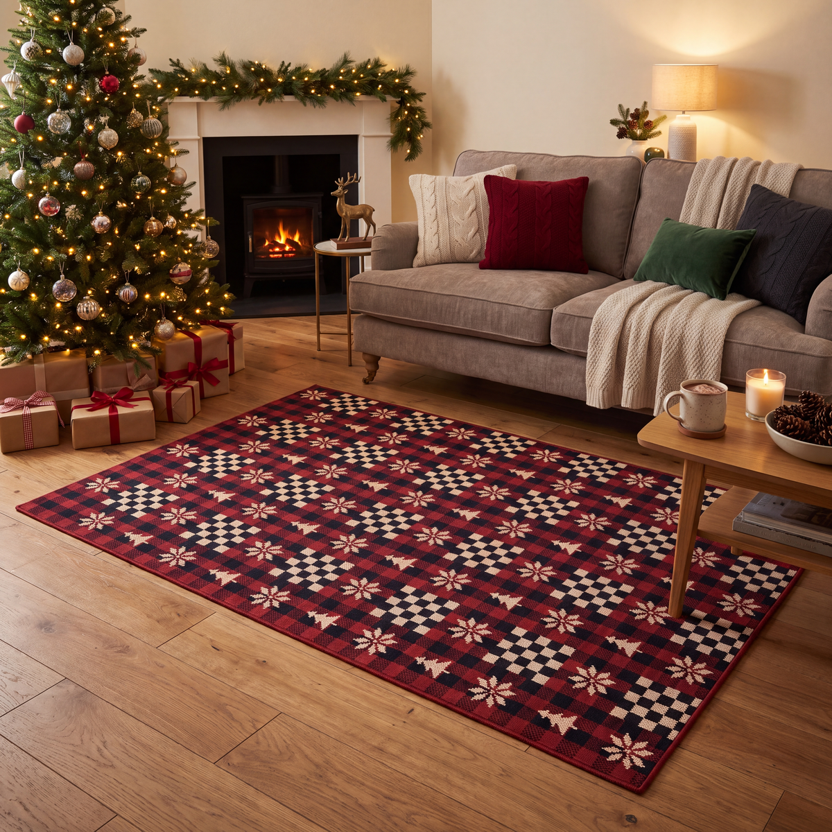 A dog resting on the rug in a living room.
