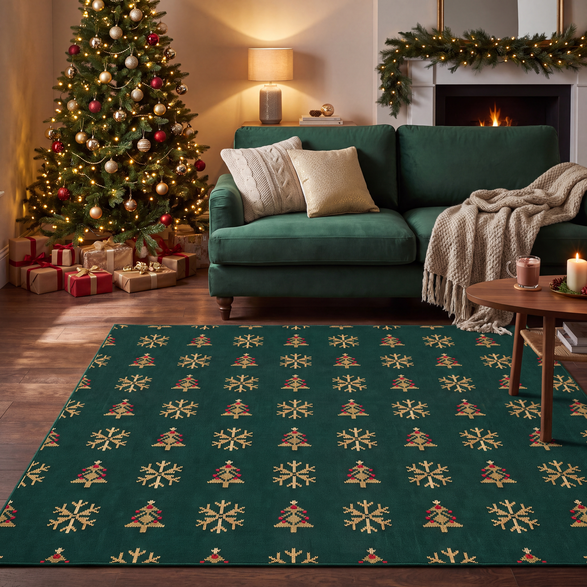 A dog resting on the rug in a living room.
