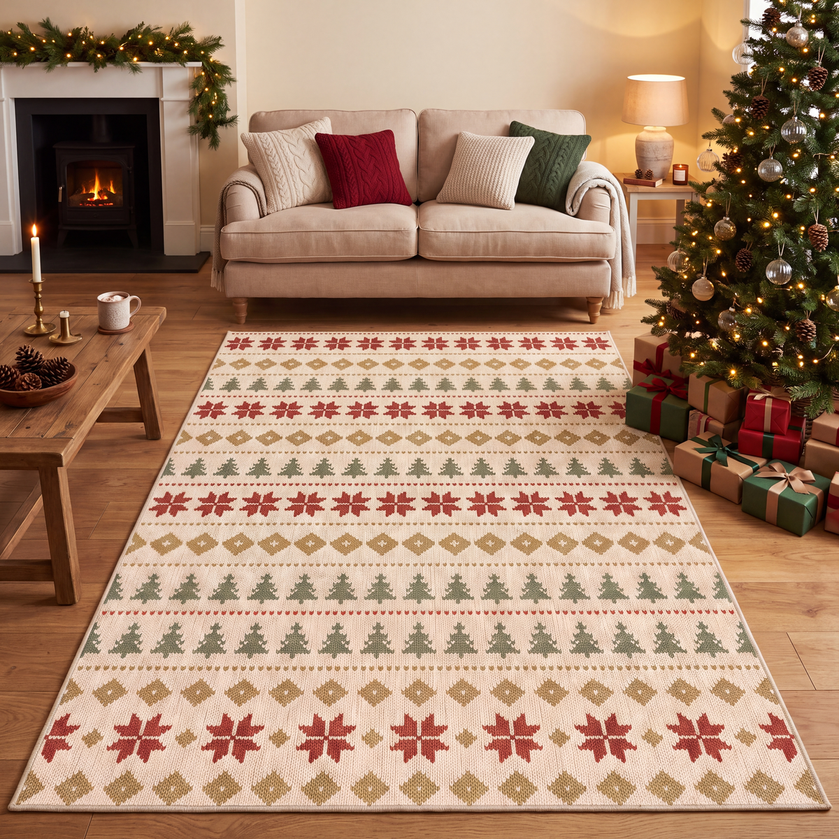A dog resting on the rug in a living room.