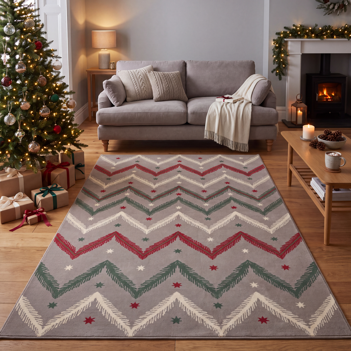 A dog resting on the rug in a living room.