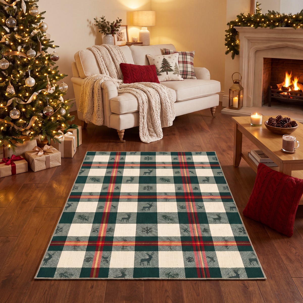 A dog resting on the rug in a living room.