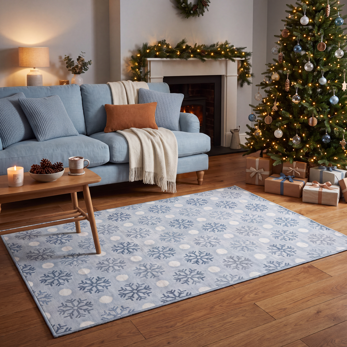 A dog resting on the rug in a living room.