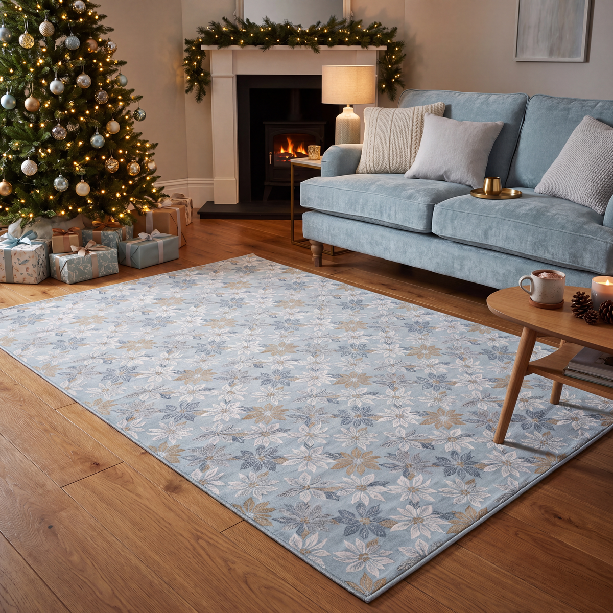 A dog resting on the rug in a living room.