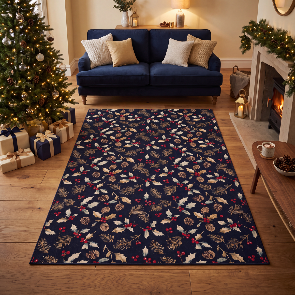 A dog resting on the rug in a living room.