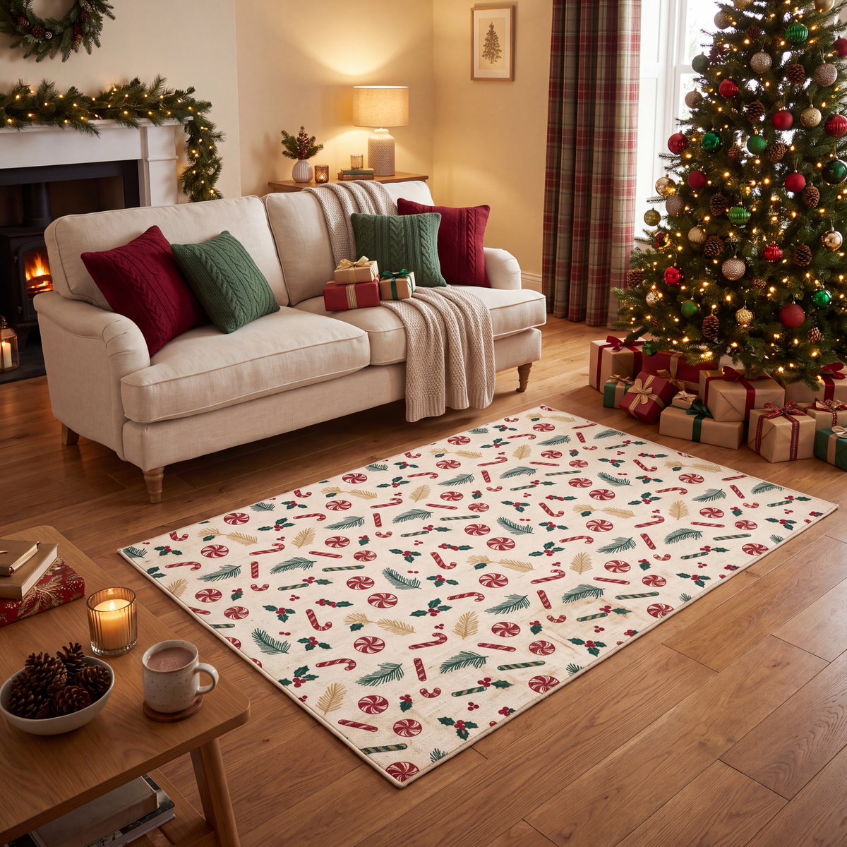 A dog resting on the rug in a living room.
