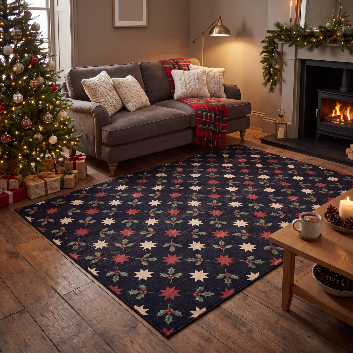 A dog resting on the rug in a living room.
