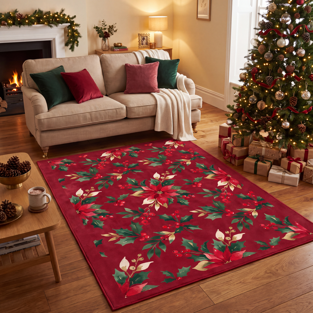 A dog resting on the rug in a living room.
