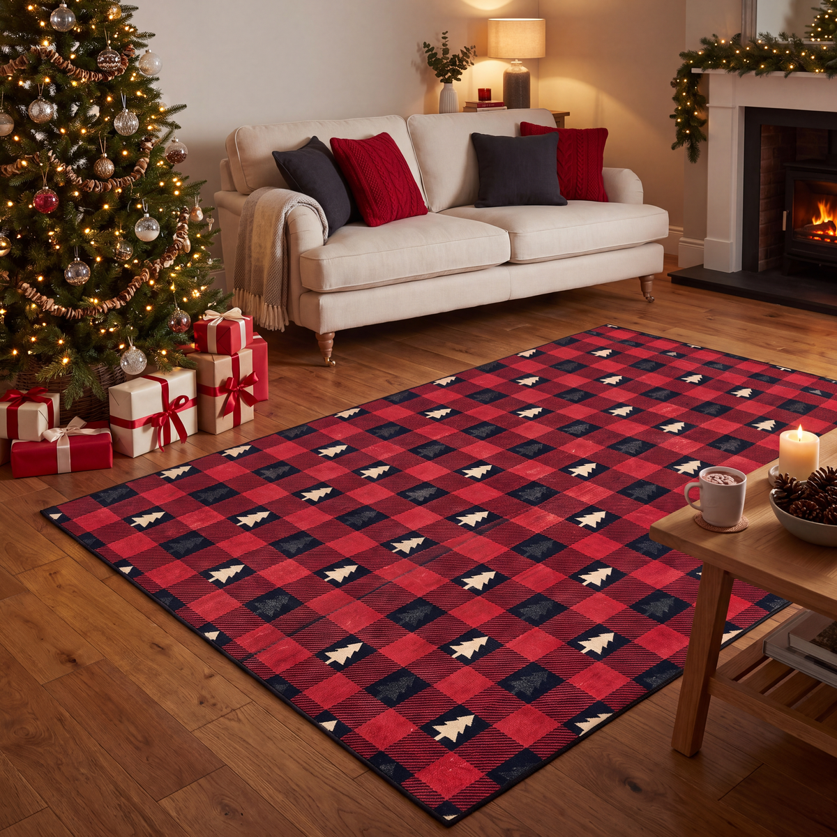 A dog resting on the rug in a living room.