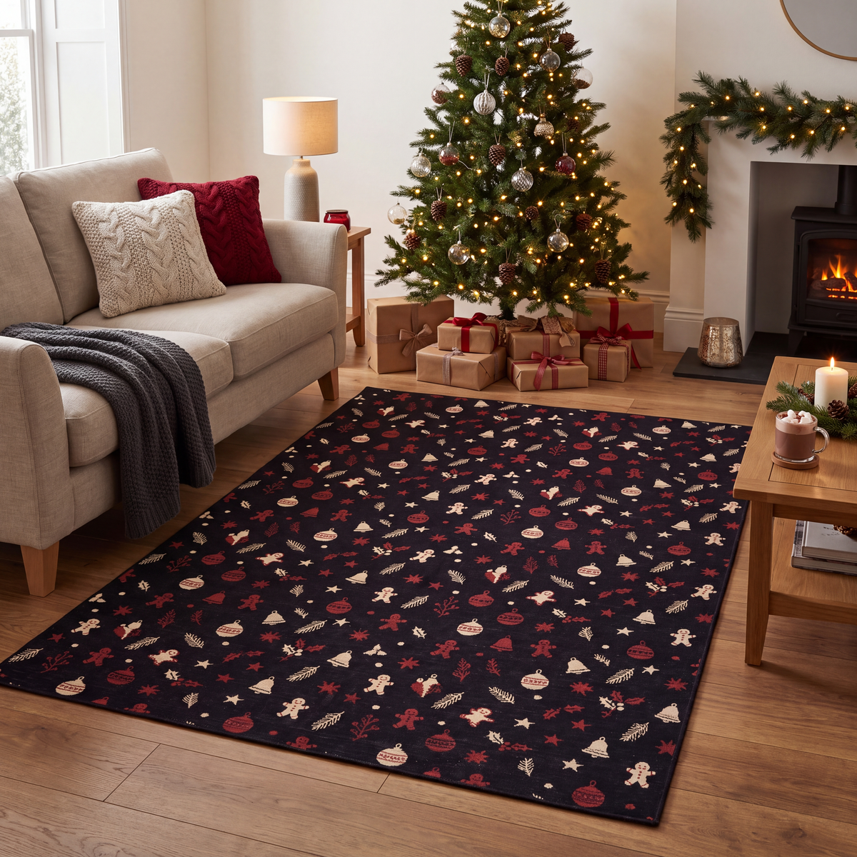 A dog resting on the rug in a living room.