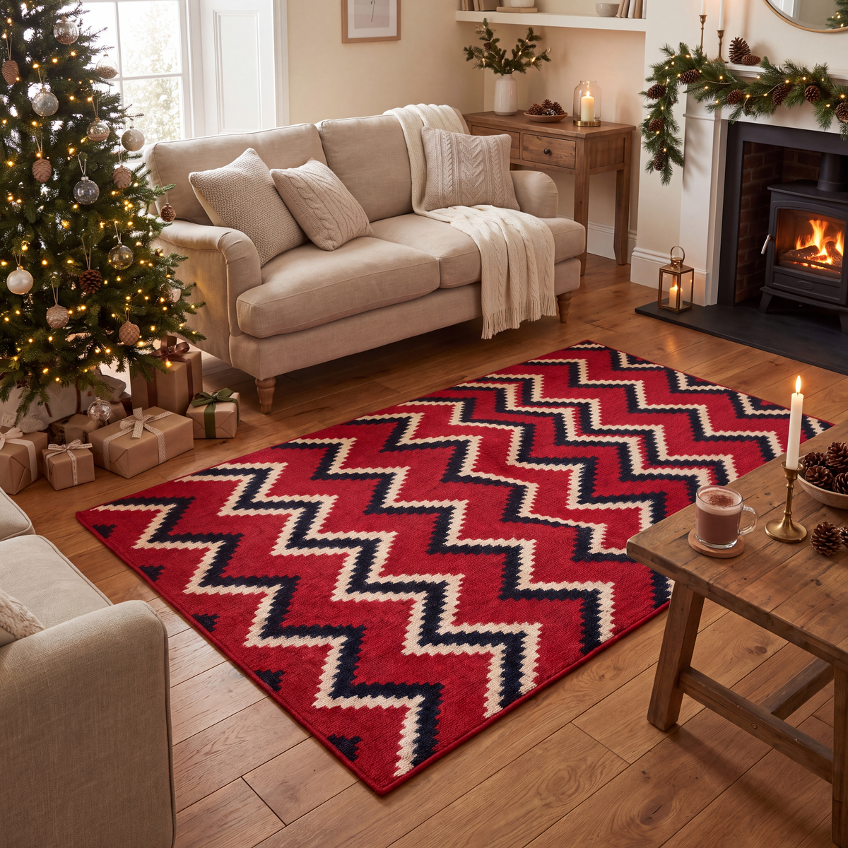 A dog resting on the rug in a living room.