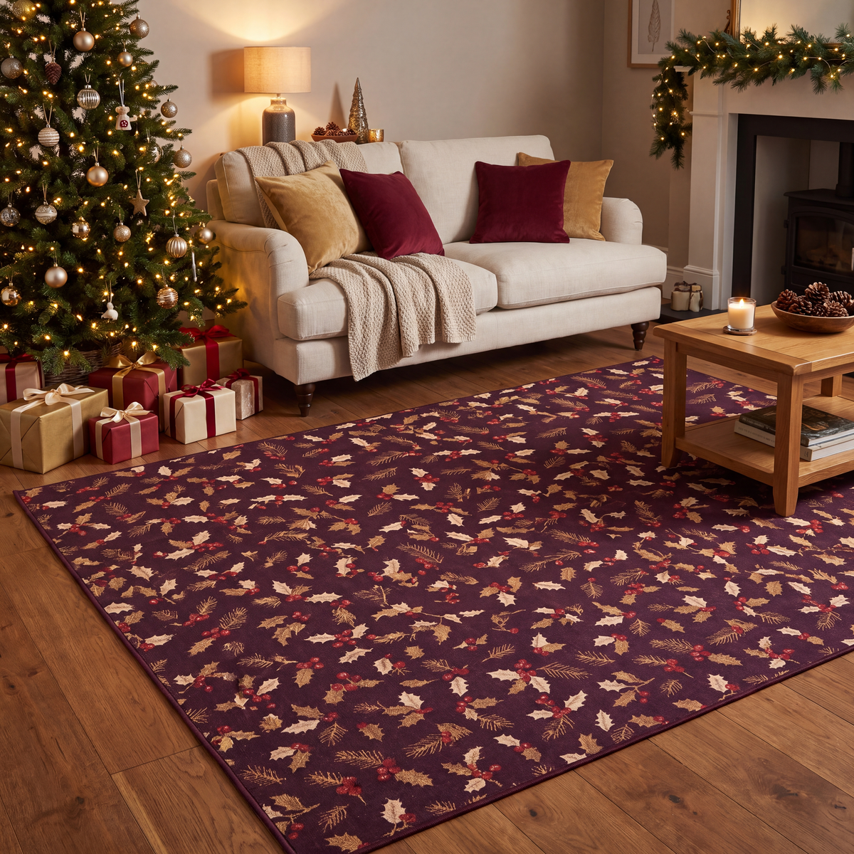 A dog resting on the rug in a living room.