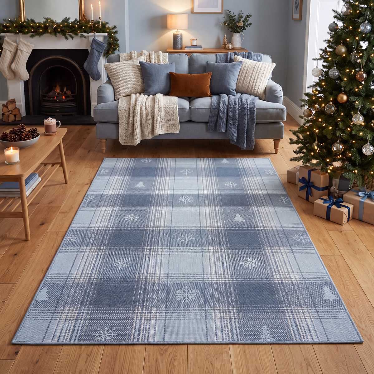 A dog resting on the rug in a living room.