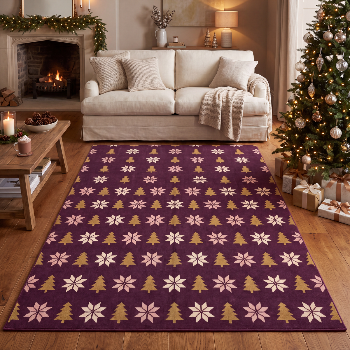 A dog resting on the rug in a living room.