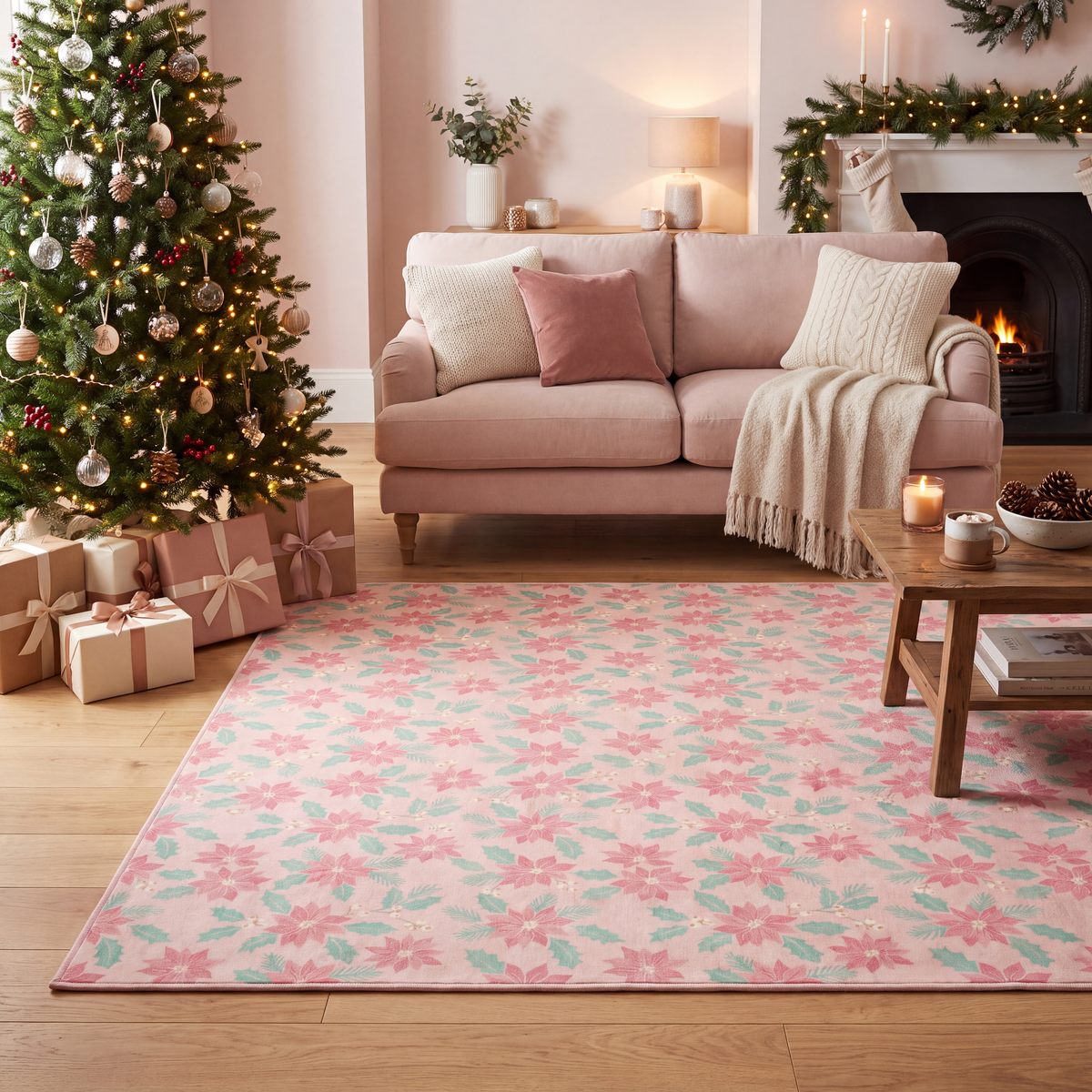 A dog resting on the rug in a living room.