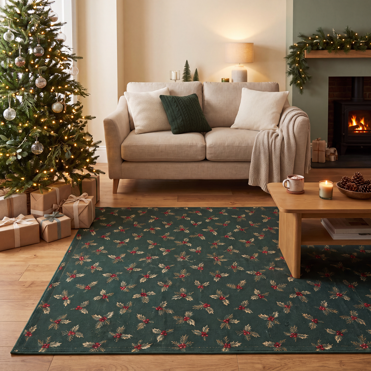 A dog resting on the rug in a living room.