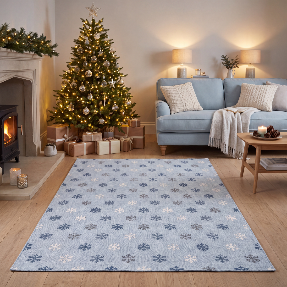 A dog resting on the rug in a living room.