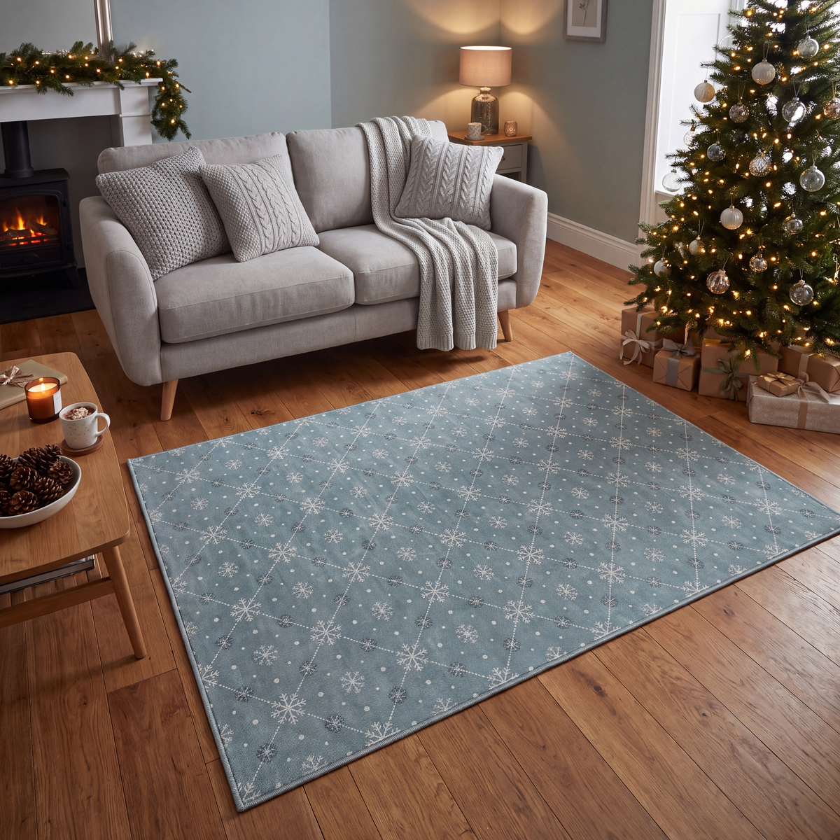 A dog resting on the rug in a living room.