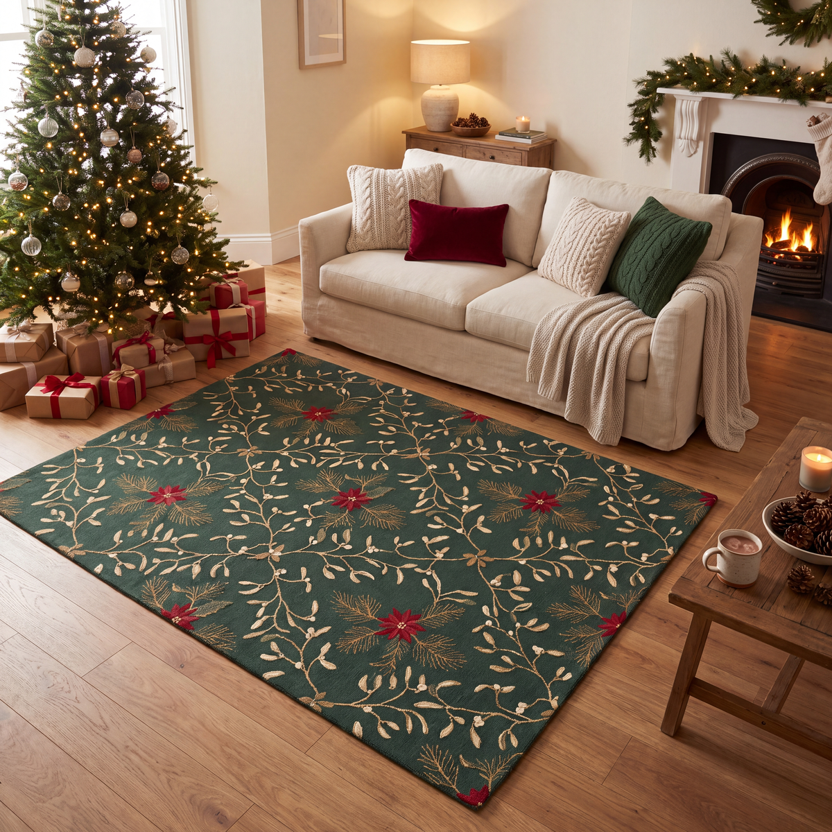 A dog resting on the rug in a living room.