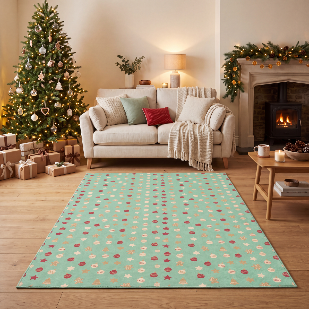 A dog resting on the rug in a living room.