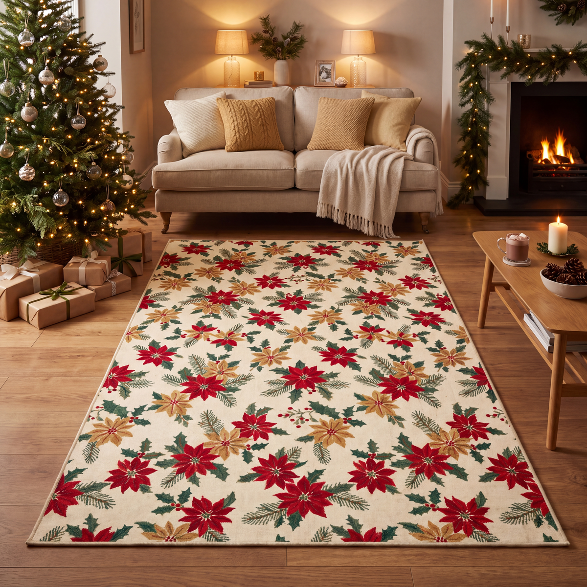 A dog resting on the rug in a living room.