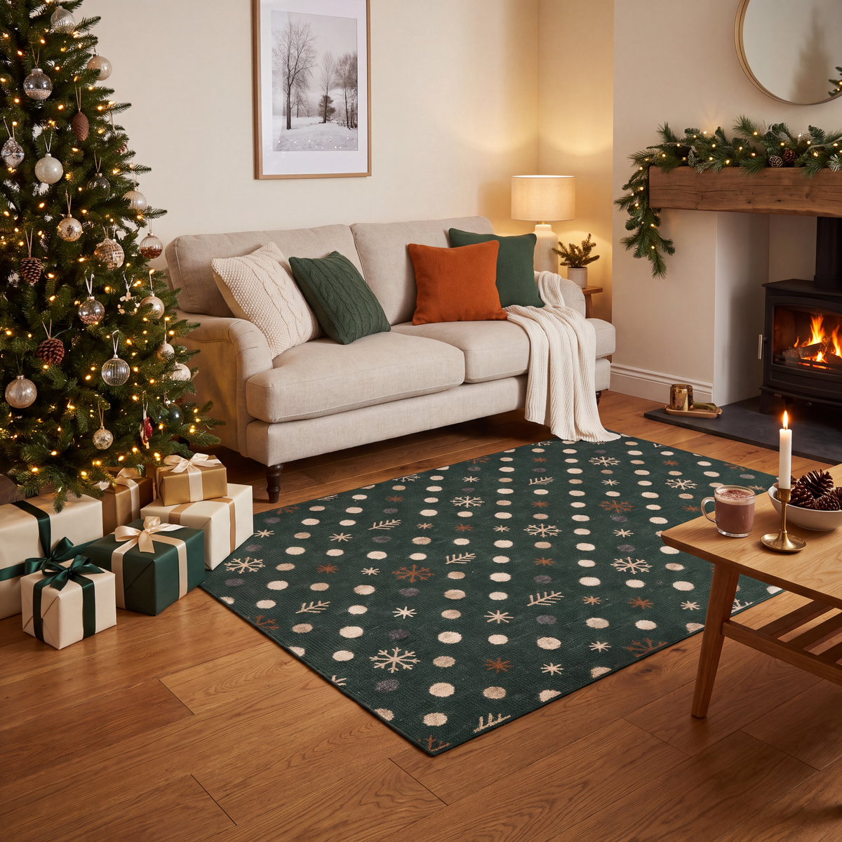 A dog resting on the rug in a living room.