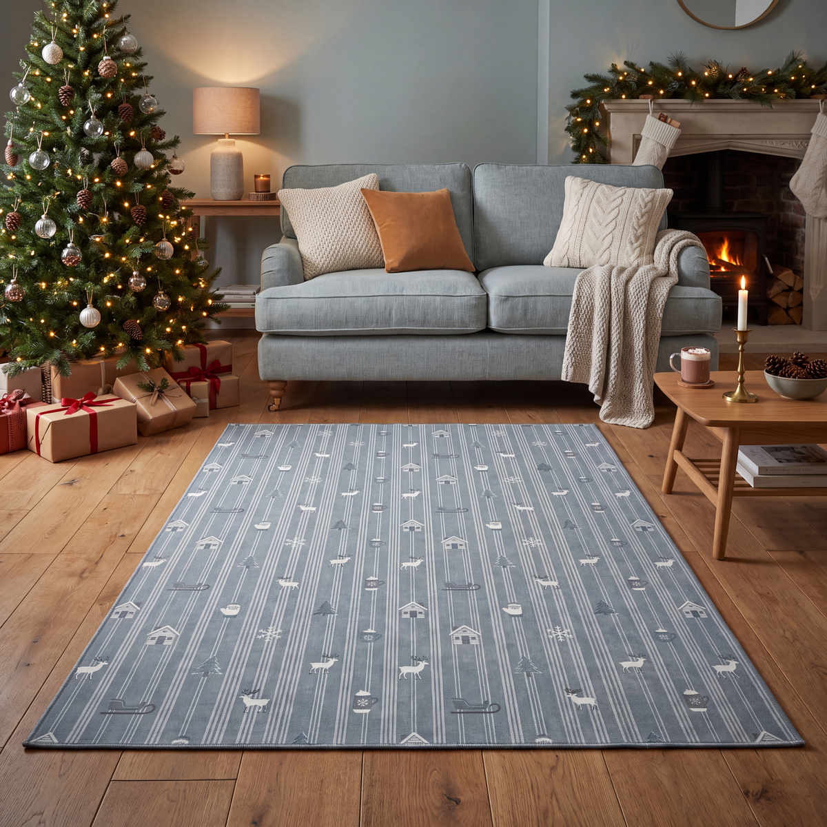 A dog resting on the rug in a living room.