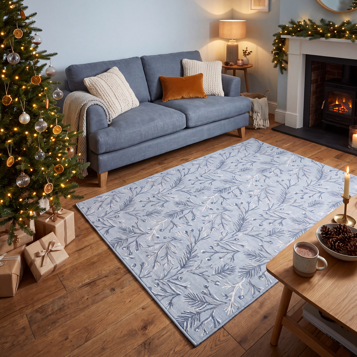 A dog resting on the rug in a living room.