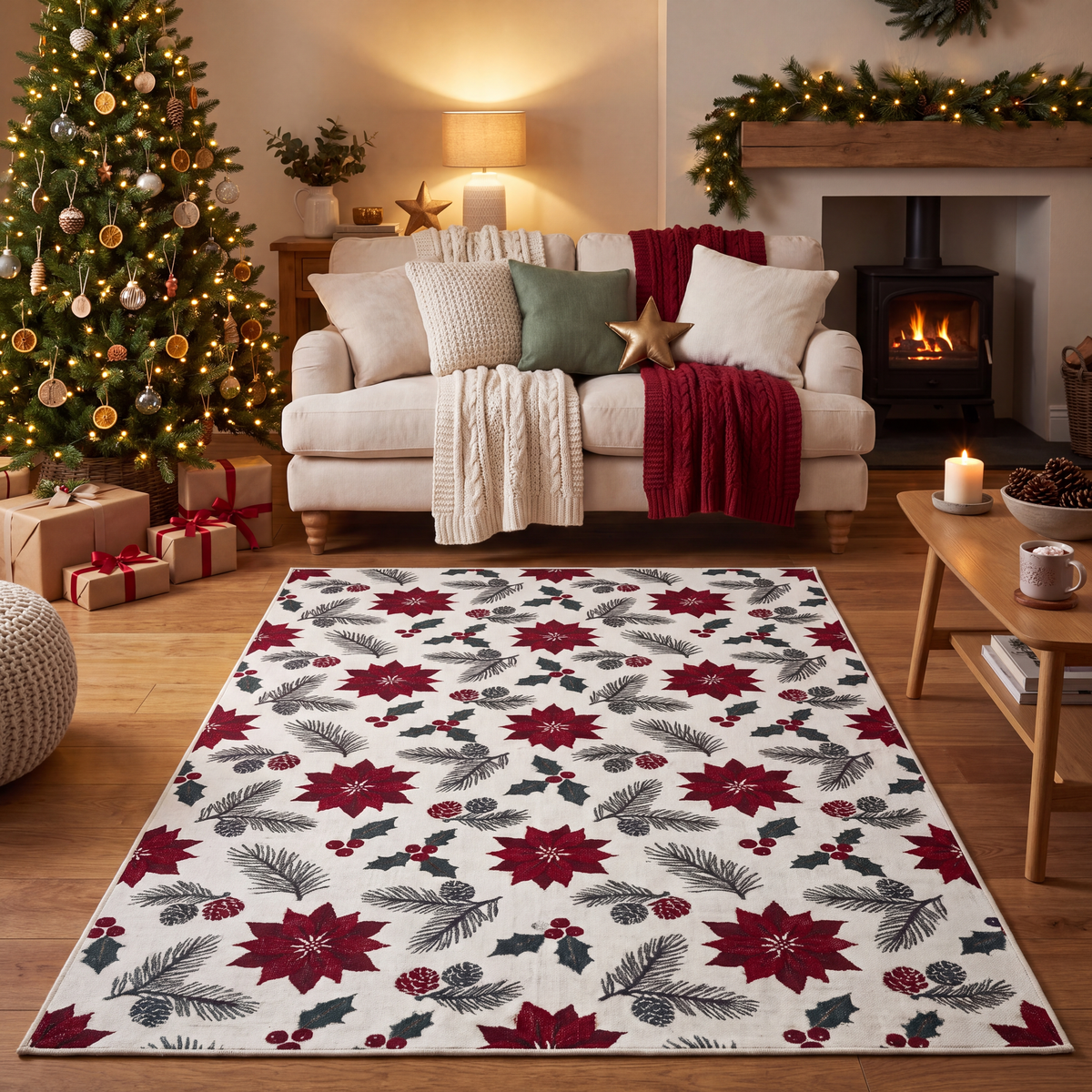 A dog resting on the rug in a living room.