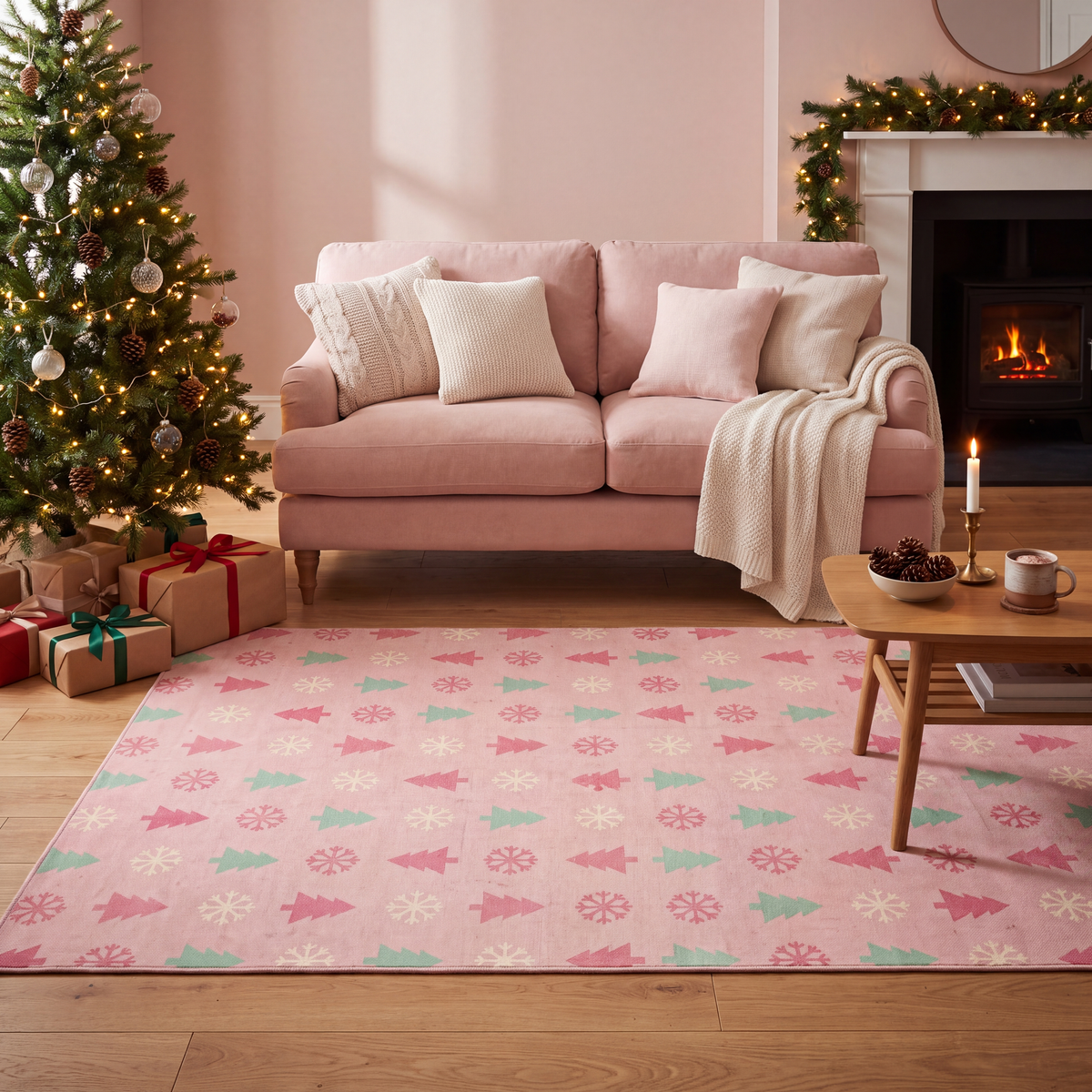 A dog resting on the rug in a living room.