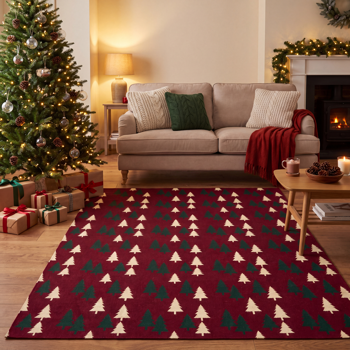 A dog resting on the rug in a living room.
