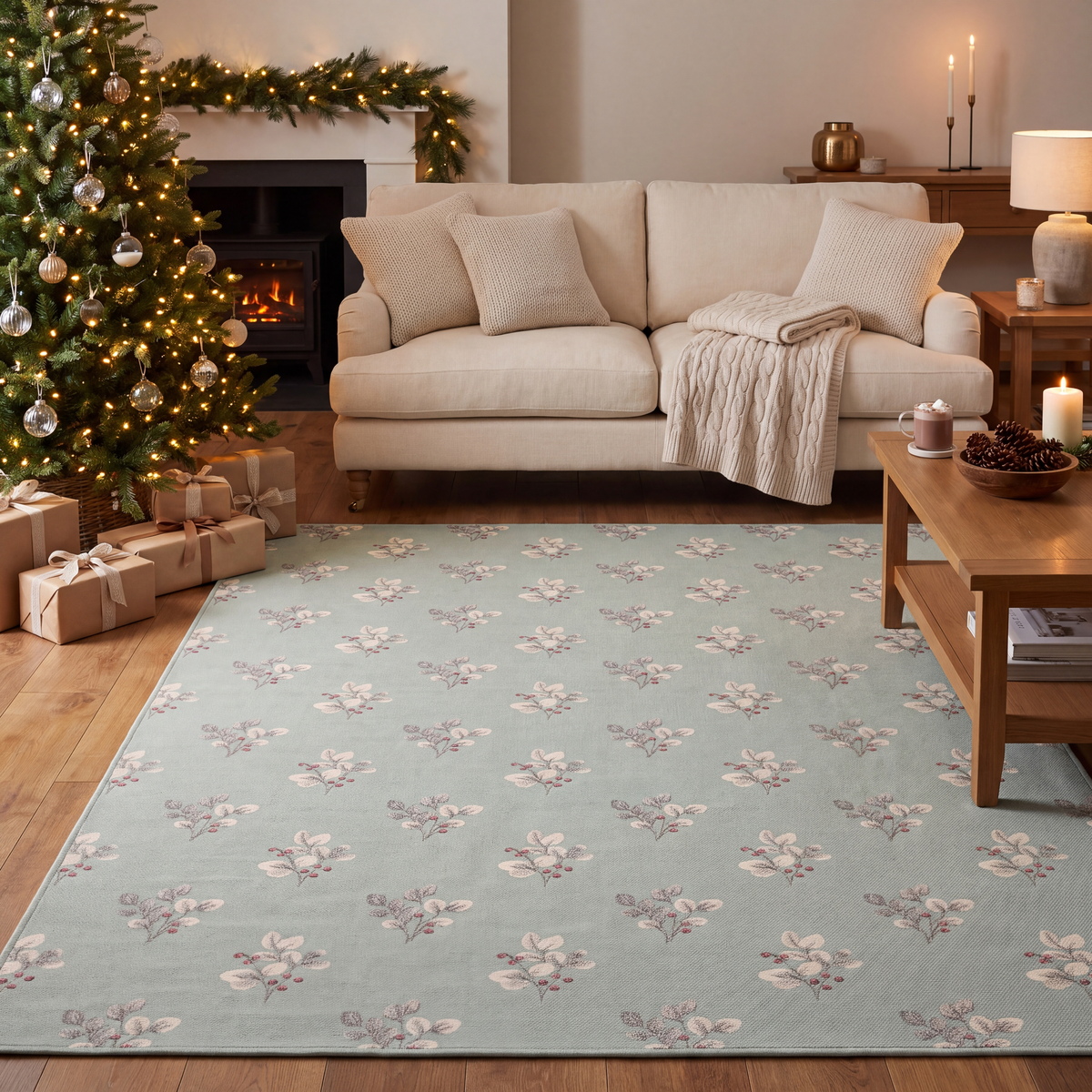 A dog resting on the rug in a living room.