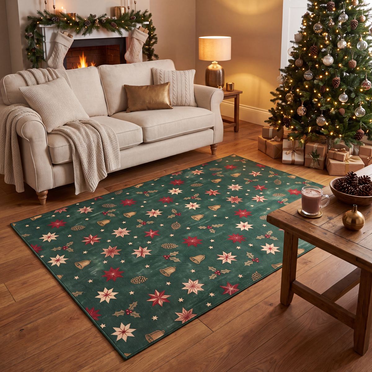 A dog resting on the rug in a living room.