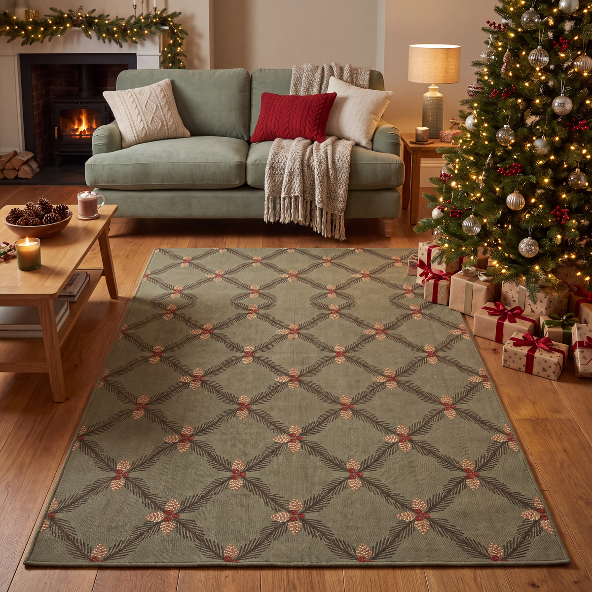 A dog resting on the rug in a living room.